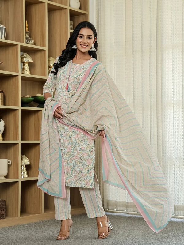 Yufta Pink Pure Cotton Floral Print Kurta Dupatta Pant Set