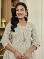 Thumbnail for Yufta Pink Pure Cotton Floral Print Kurta Dupatta Pant Set