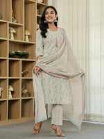 Thumbnail for Yufta Pink Pure Cotton Floral Print Kurta Dupatta Pant Set