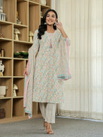 Thumbnail for Yufta Pink Pure Cotton Floral Print Kurta Dupatta Pant Set