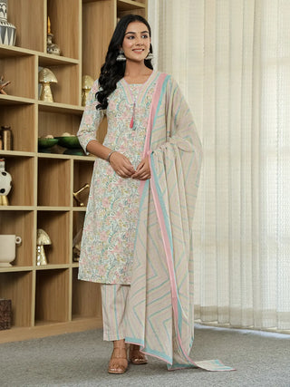 Yufta Pink Pure Cotton Floral Print Kurta Dupatta Pant Set