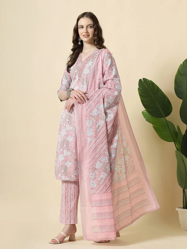 Yufta Pink Pure Cotton Floral Print Thread Work Kurta Set With Pant & Dupatta