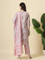Thumbnail for Yufta Pink Pure Cotton Floral Print Thread Work Kurta Set With Pant & Dupatta