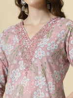 Thumbnail for Yufta Pink Pure Cotton Floral Print Thread Work Kurta Set With Pant & Dupatta