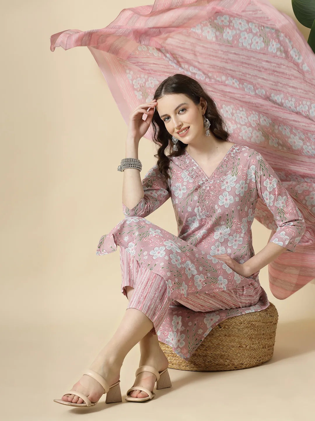 Yufta Pink Pure Cotton Floral Print Thread Work Kurta Set With Pant & Dupatta