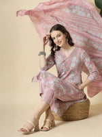 Thumbnail for Yufta Pink Pure Cotton Floral Print Thread Work Kurta Set With Pant & Dupatta