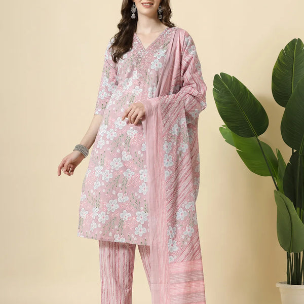 Yufta Pink Pure Cotton Floral Print Thread Work Kurta Set With Pant & Dupatta - Distacart