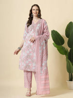 Thumbnail for Yufta Pink Pure Cotton Floral Print Thread Work Kurta Set With Pant & Dupatta
