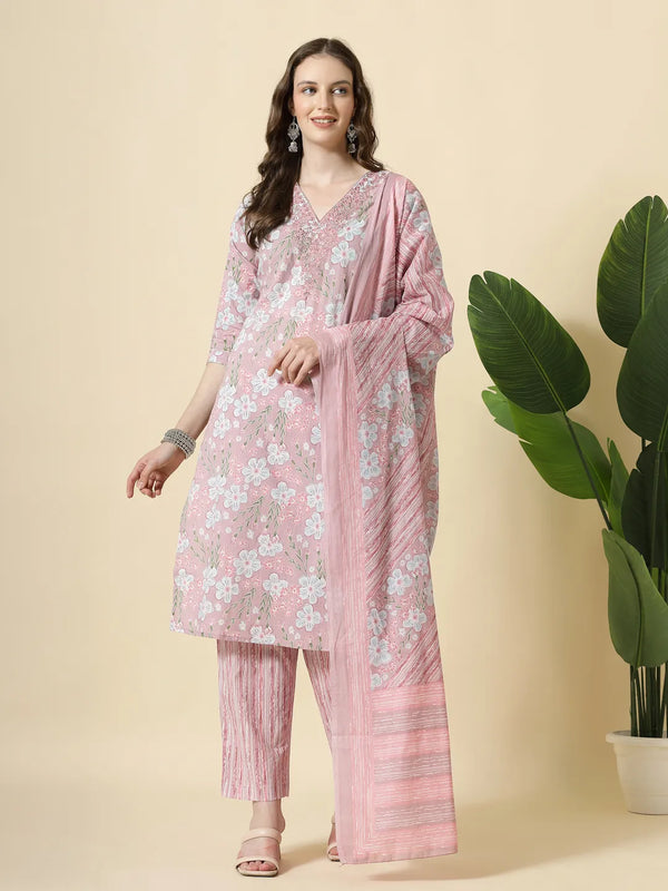Yufta Pink Pure Cotton Floral Print Thread Work Kurta Set With Pant & Dupatta