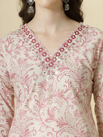 Thumbnail for Yufta Pink Pure Cotton PaisleyThread Work Kurta Dupatta Pant Set