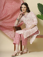 Thumbnail for Yufta Pink Pure Cotton PaisleyThread Work Kurta Dupatta Pant Set