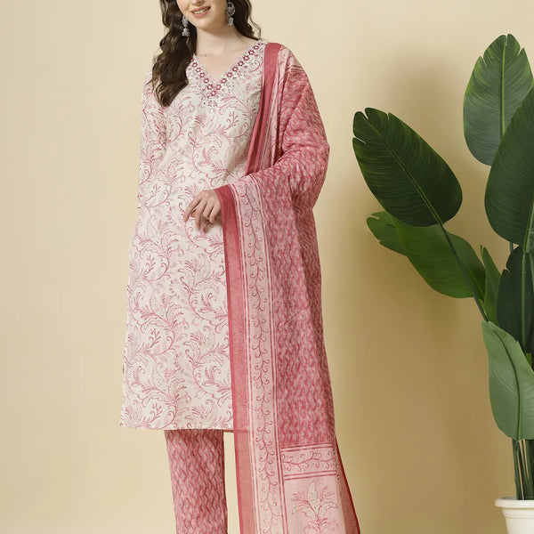 Yufta Pink Pure Cotton PaisleyThread Work Kurta Dupatta Pant Set - Distacart