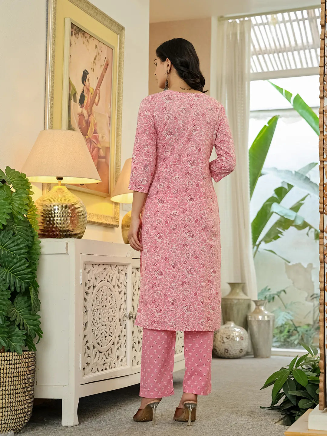 Yufta Pink Pure Cotton Thread Work Sequins Work Kurta Dupatta Pant Set