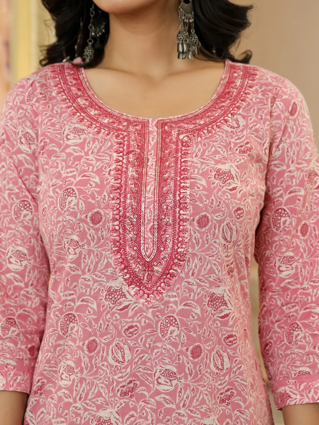 Yufta Pink Pure Cotton Thread Work Sequins Work Kurta Dupatta Pant Set
