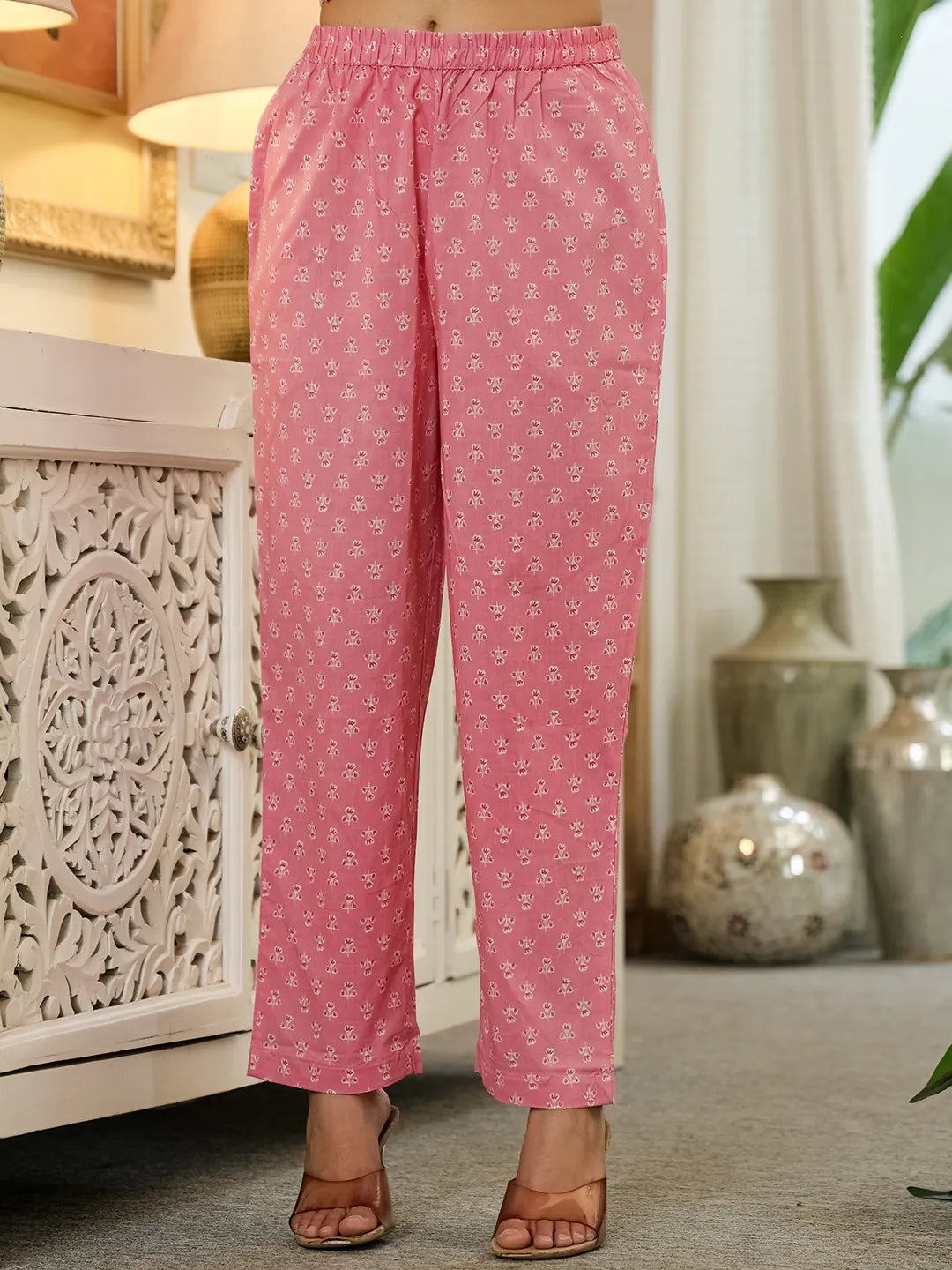 Yufta Pink Pure Cotton Thread Work Sequins Work Kurta Dupatta Pant Set