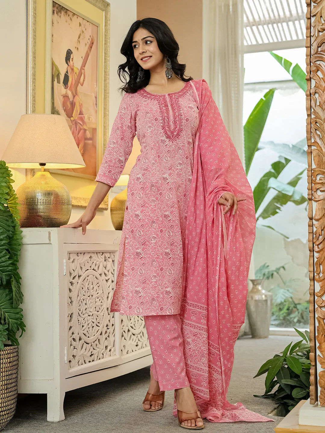Yufta Pink Pure Cotton Thread Work Sequins Work Kurta Dupatta Pant Set