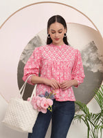 Thumbnail for Yufta Pink Pure Cotton Top With Lace Detailings - Distacart