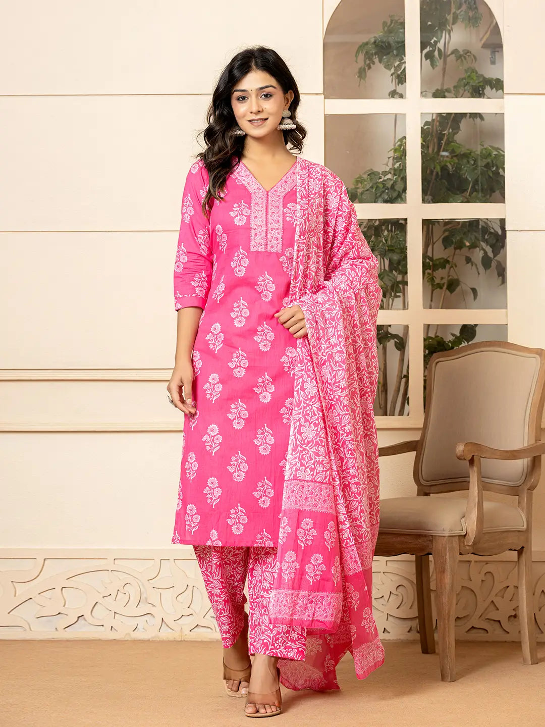 Yufta Pink Sequins_Work Pure Cotton Straight Kurta Dupatta Set