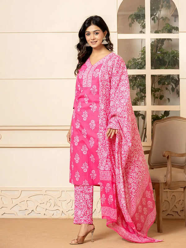 Yufta Pink Sequins_Work Pure Cotton Straight Kurta Dupatta Set