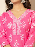 Thumbnail for Yufta Pink Sequins_Work Pure Cotton Straight Kurta Dupatta Set