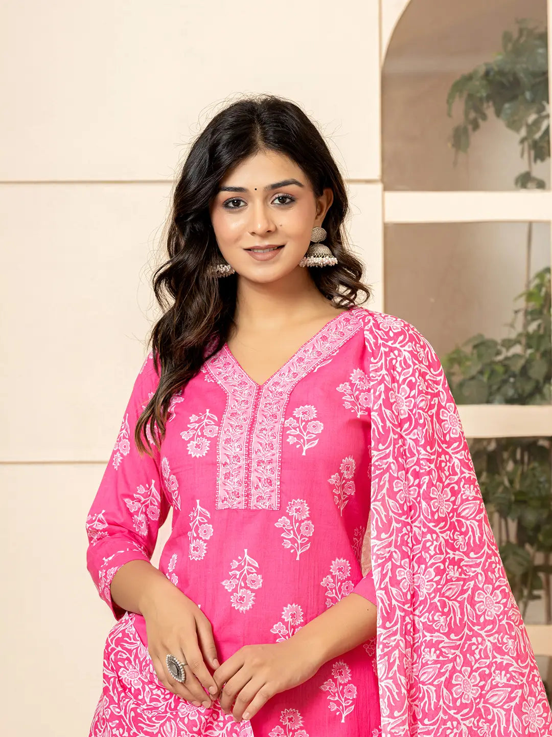 Yufta Pink Sequins_Work Pure Cotton Straight Kurta Dupatta Set