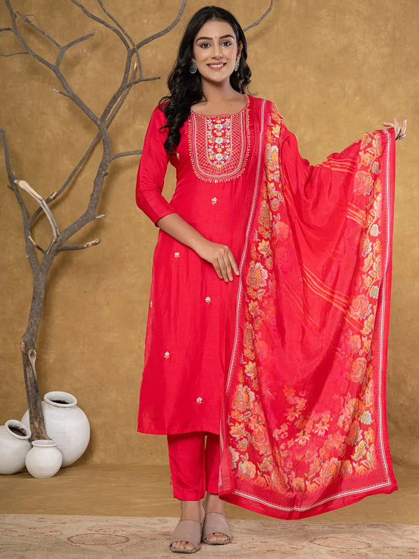 Yufta Pink Silk Beads And Stones,Sequins_Work Kurta Dupatta Set - Distacart