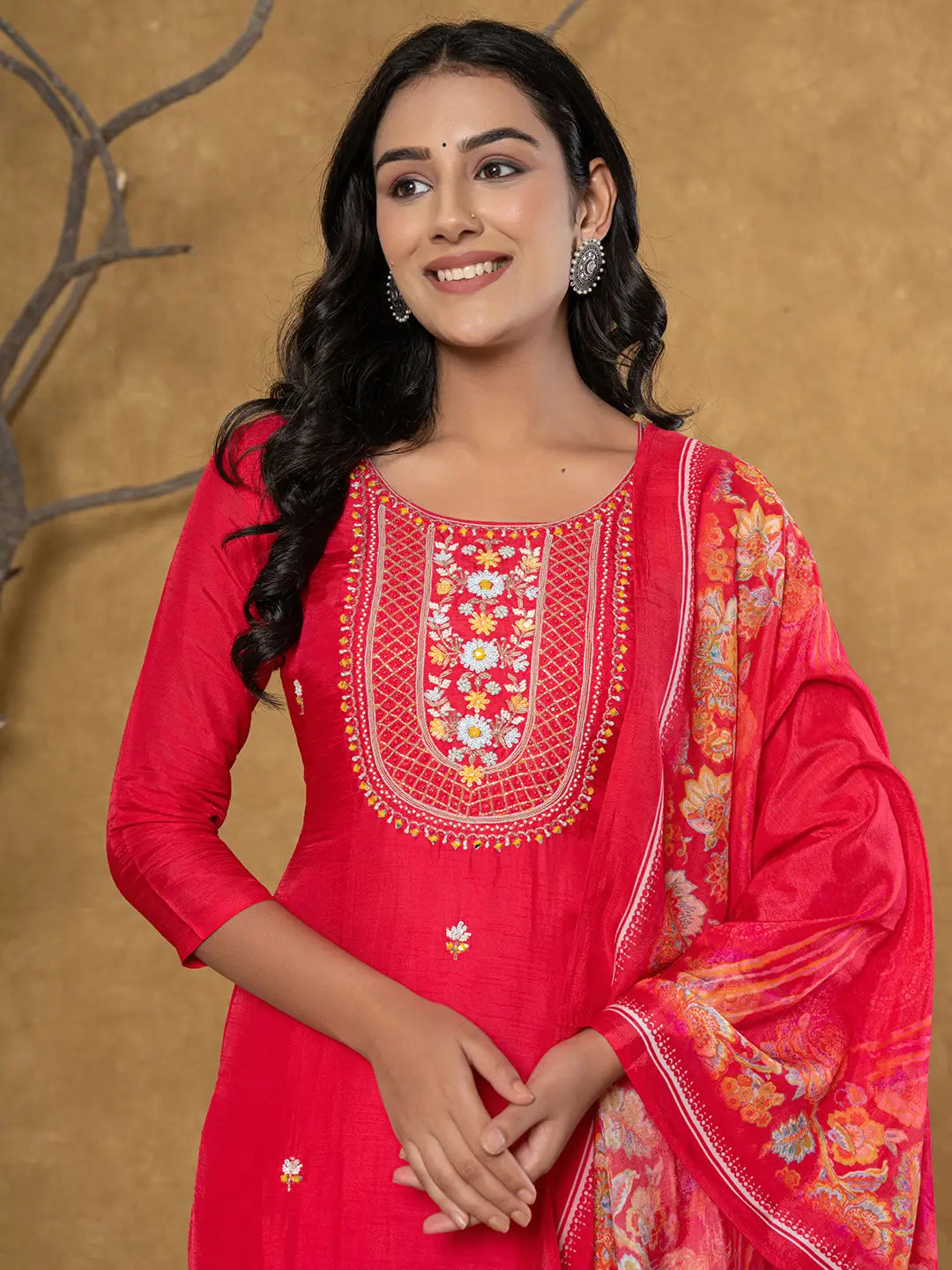 Yufta Pink Silk Beads And Stones,Sequins_Work Kurta Dupatta Set - Distacart