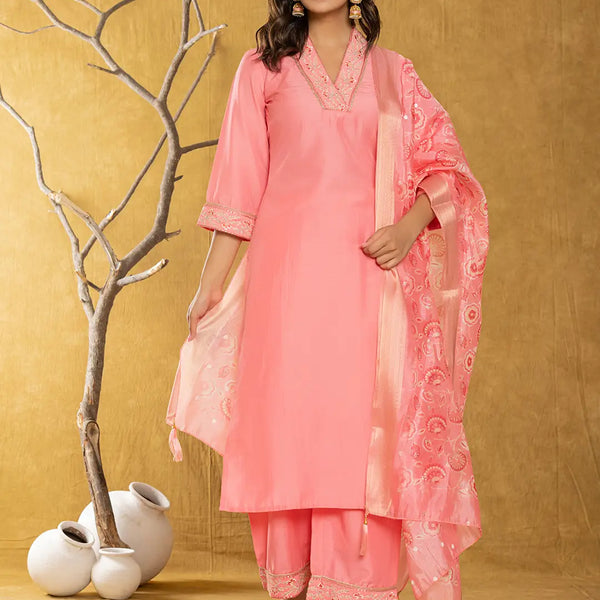 Yufta Pink Silk Blend Pakistani Style Kurta Dupatta Set - Distacart