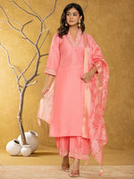 Thumbnail for Yufta Pink Silk Blend Pakistani Style Kurta Dupatta Set
