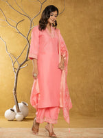 Thumbnail for Yufta Pink Silk Blend Pakistani Style Kurta Dupatta Set