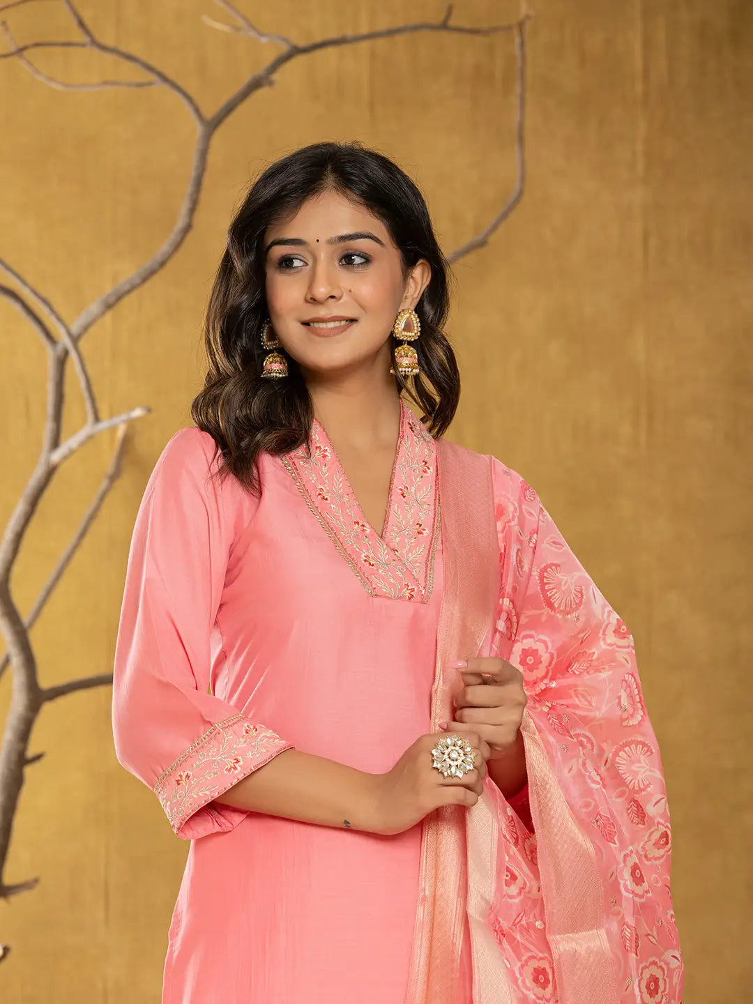 Yufta Pink Silk Blend Pakistani Style Kurta Dupatta Set