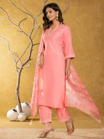 Thumbnail for Yufta Pink Silk Blend Pakistani Style Kurta Dupatta Set