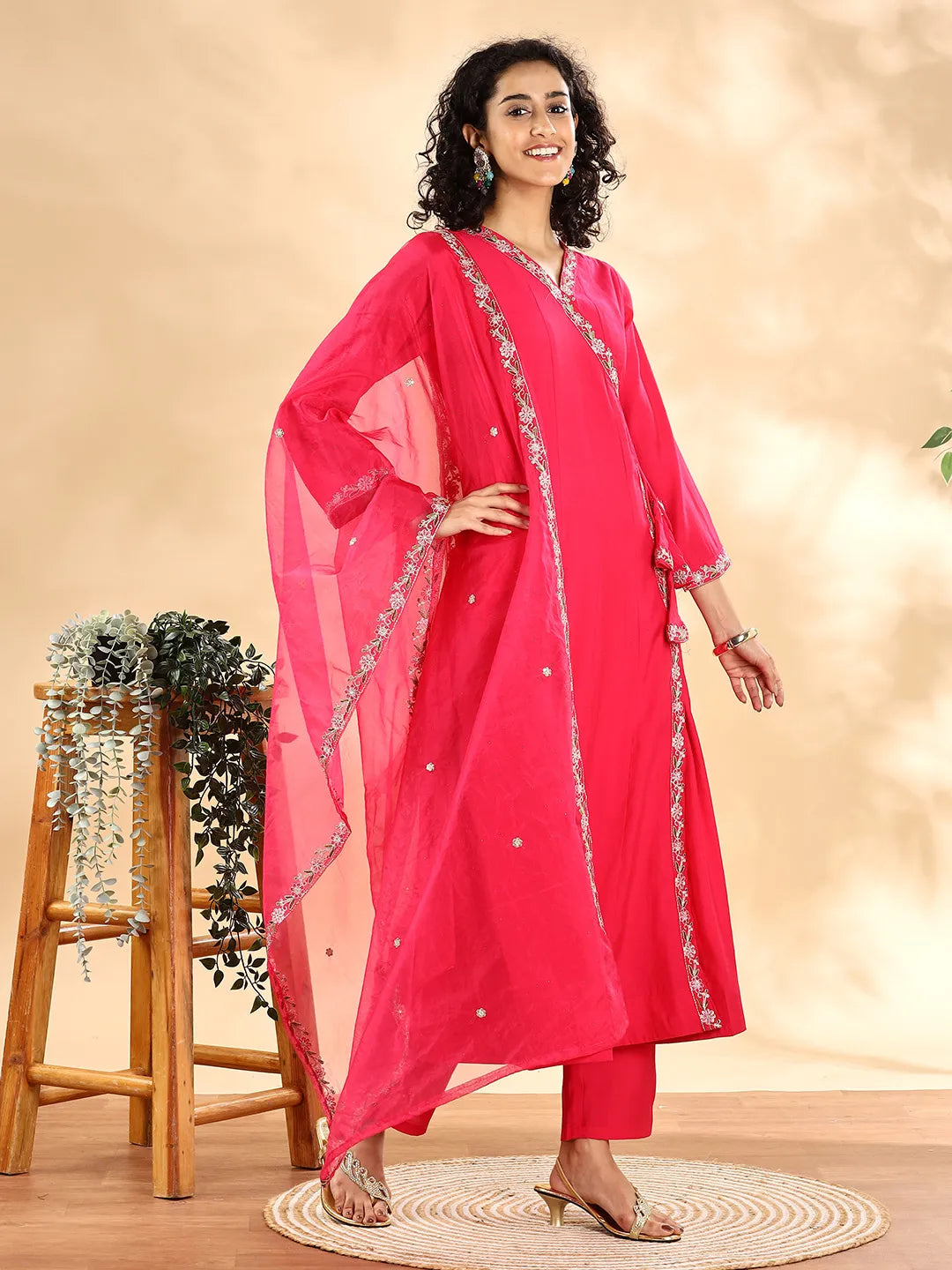 Yufta Pink Silk Embroidered Angrakha Kurta Pant Set With Organza Dupatta Set - Distacart