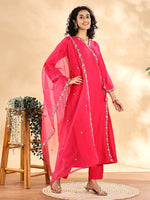 Thumbnail for Yufta Pink Silk Embroidered Angrakha Kurta Pant Set With Organza Dupatta Set