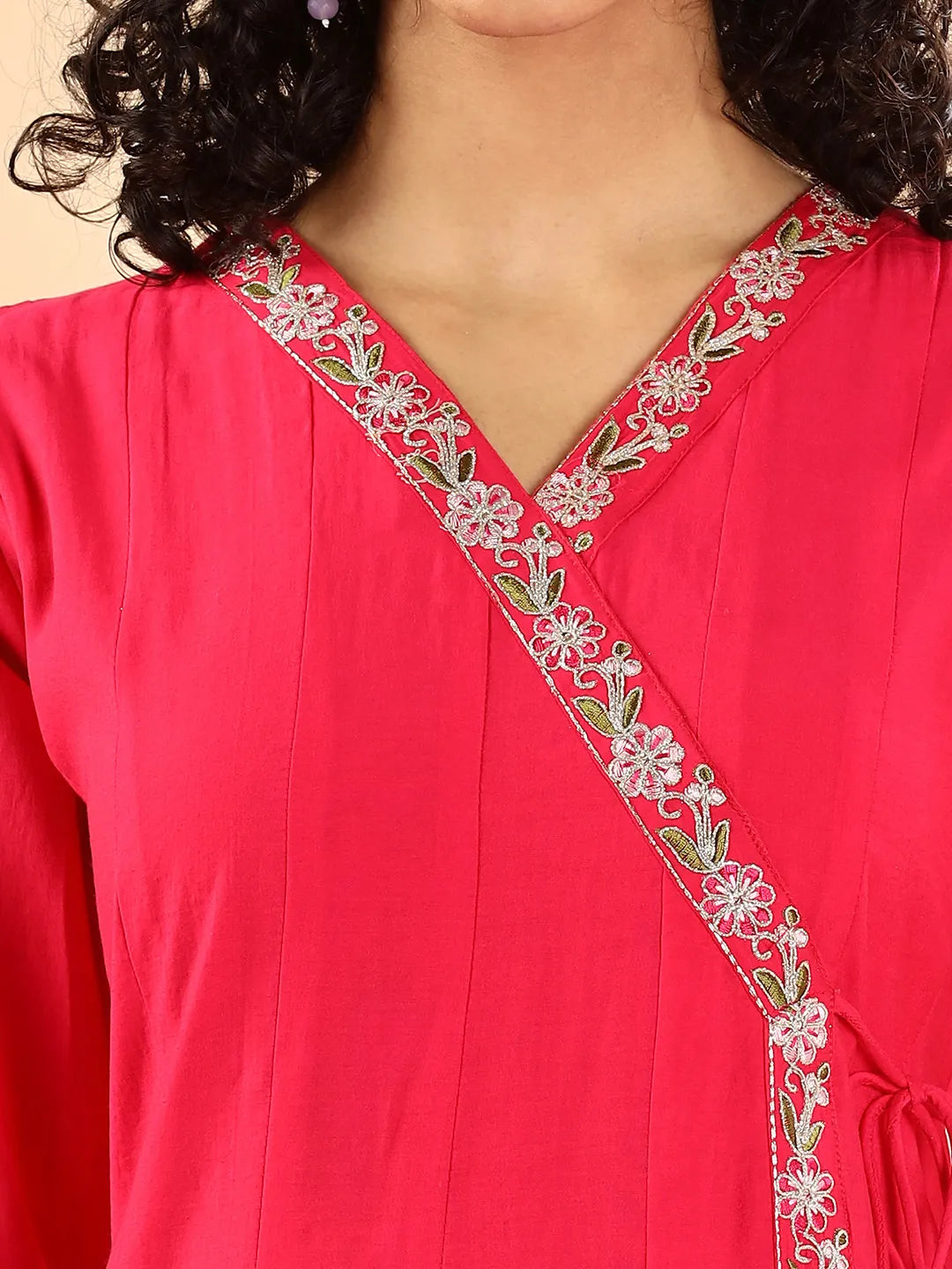 Yufta Pink Silk Embroidered Angrakha Kurta Pant Set With Organza Dupatta Set