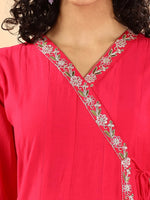 Thumbnail for Yufta Pink Silk Embroidered Angrakha Kurta Pant Set With Organza Dupatta Set