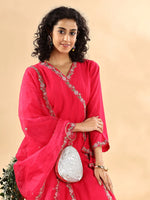 Thumbnail for Yufta Pink Silk Embroidered Angrakha Kurta Pant Set With Organza Dupatta Set