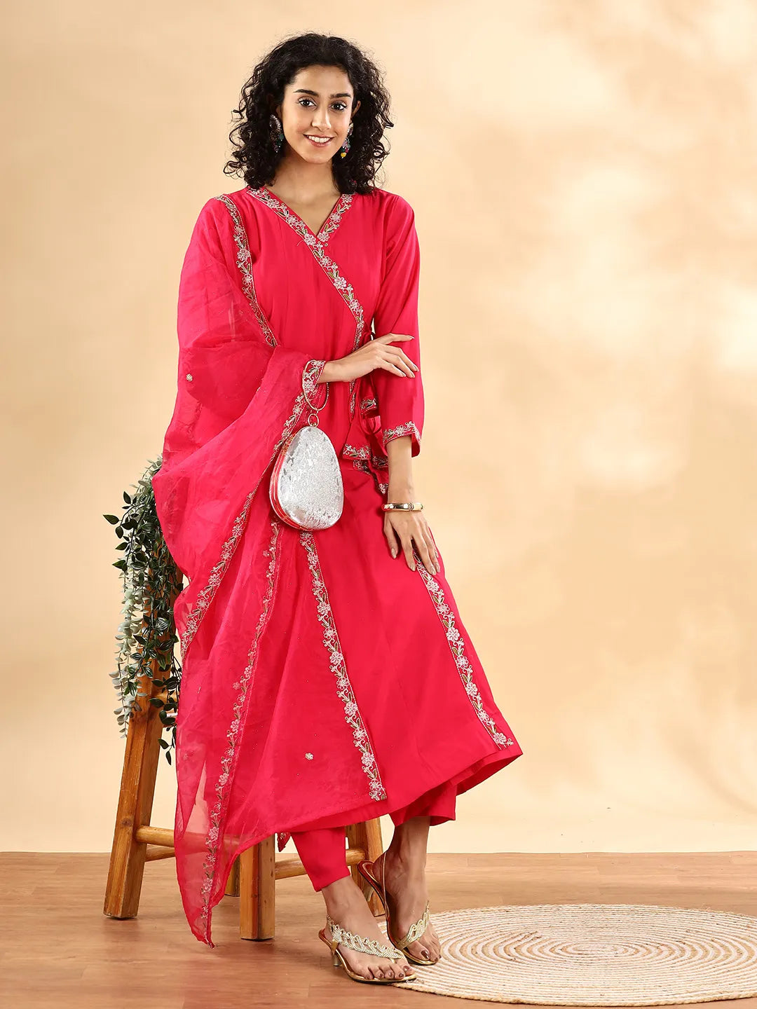 Yufta Pink Silk Embroidered Angrakha Kurta Pant Set With Organza Dupatta Set