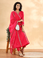Thumbnail for Yufta Pink Silk Embroidered Angrakha Kurta Pant Set With Organza Dupatta Set