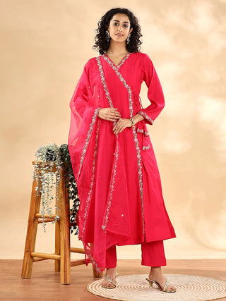 Yufta Pink Silk Embroidered Angrakha Kurta Pant Set With Organza Dupatta Set