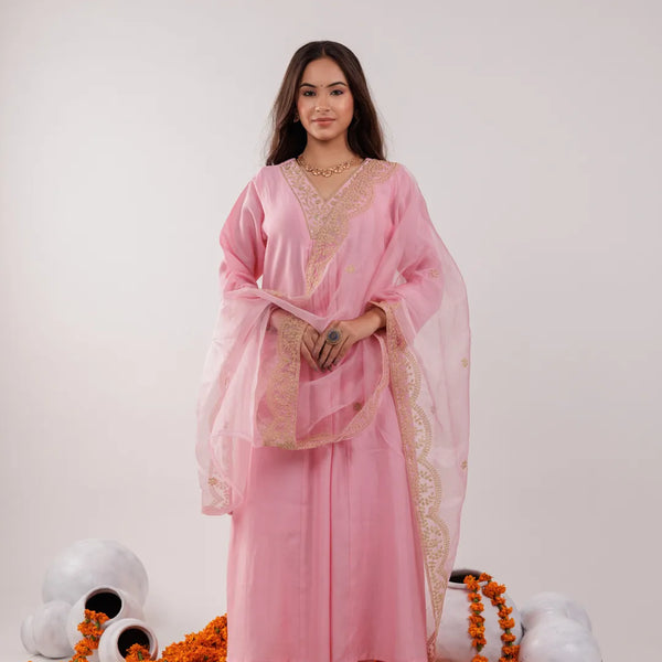 Yufta Pink Silk Embroidered Kurta Dupatta Set - Distacart