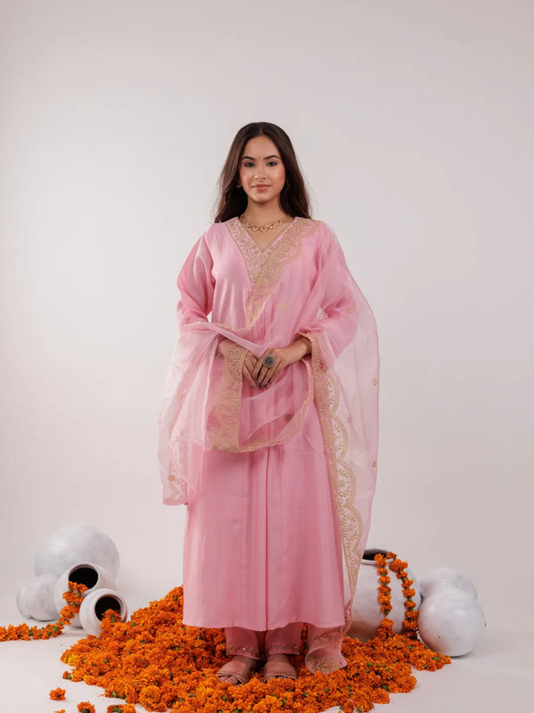 Yufta Pink Silk Embroidered Kurta Dupatta Set