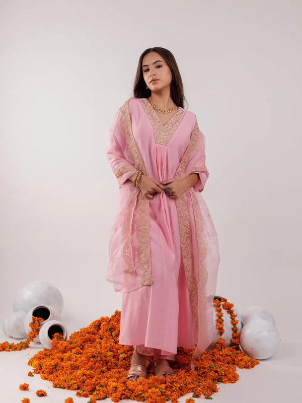 Yufta Pink Silk Embroidered Kurta Dupatta Set