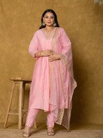 Thumbnail for Yufta Pink Silk Embroidered Plus Size Kurta Dupatta Set