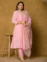 Thumbnail for Yufta Pink Silk Embroidered Plus Size Kurta Dupatta Set