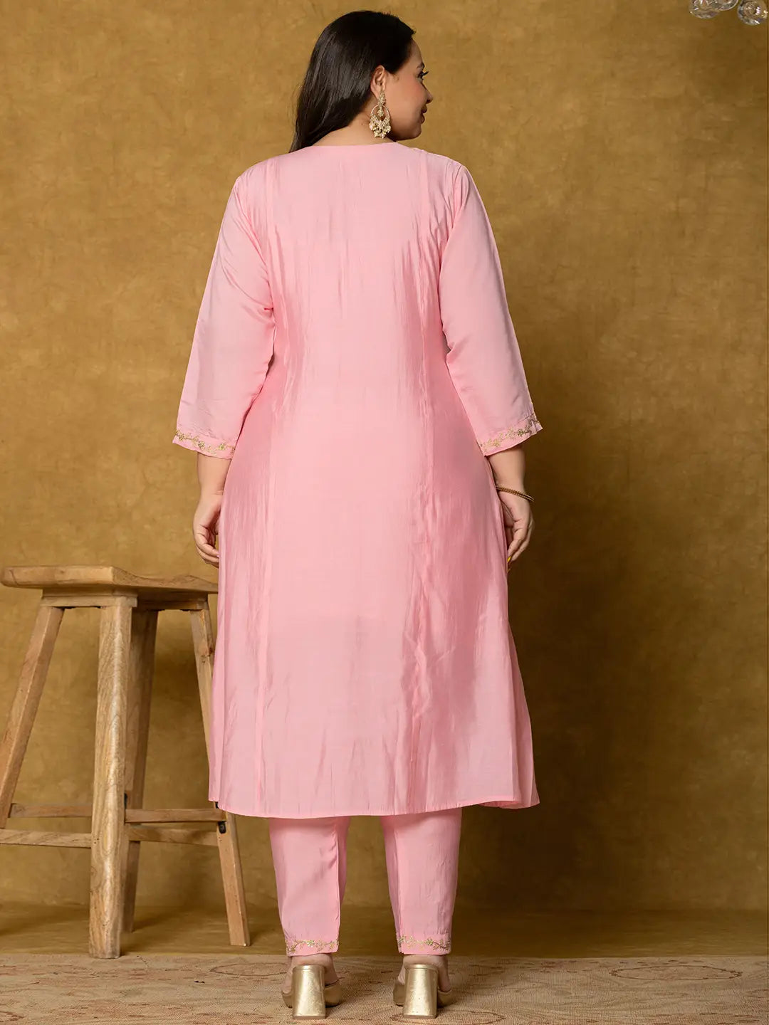 Yufta Pink Silk Embroidered Plus Size Kurta Dupatta Set