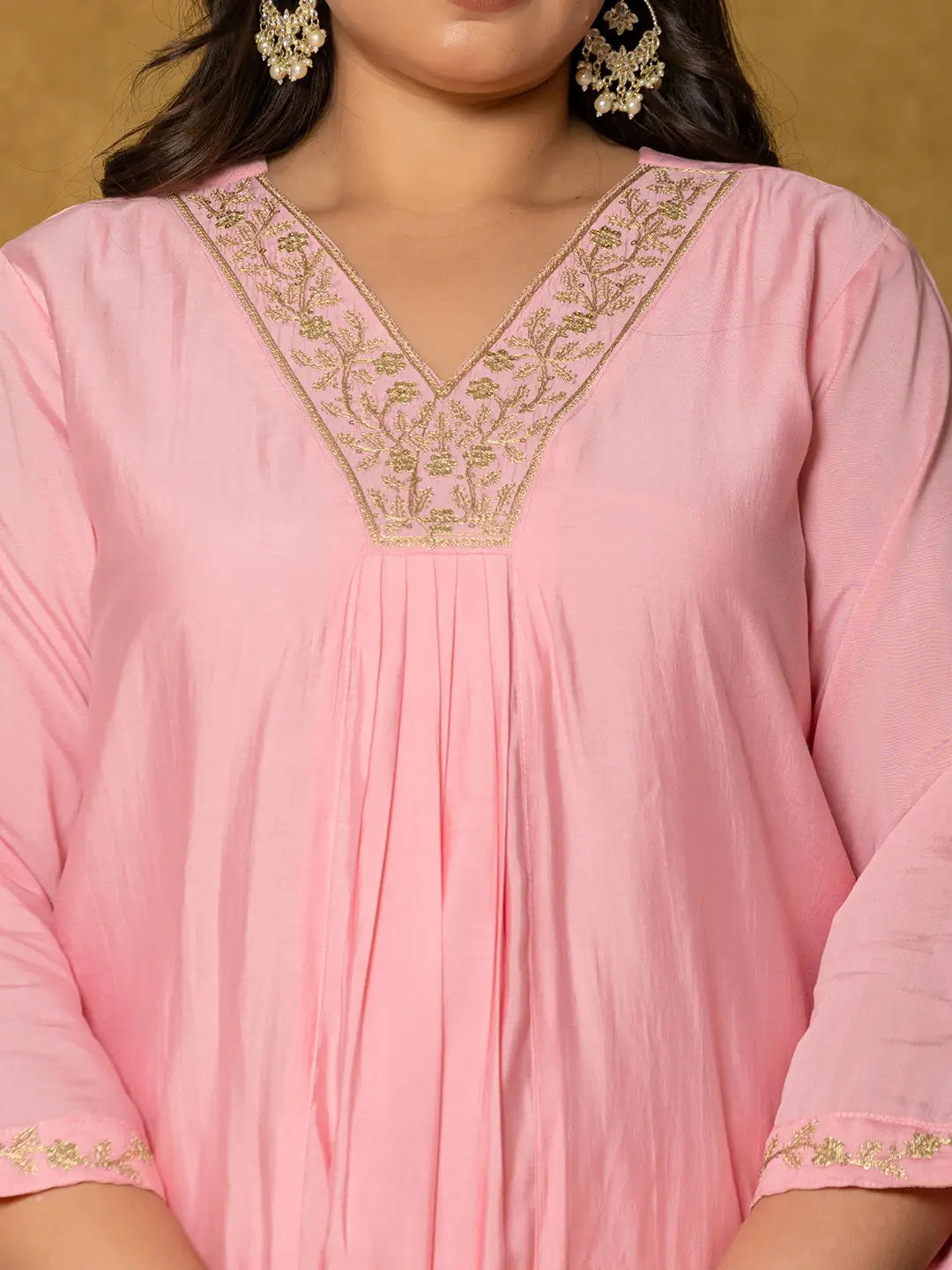 Yufta Pink Silk Embroidered Plus Size Kurta Dupatta Set