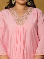 Thumbnail for Yufta Pink Silk Embroidered Plus Size Kurta Dupatta Set