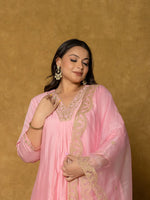 Thumbnail for Yufta Pink Silk Embroidered Plus Size Kurta Dupatta Set