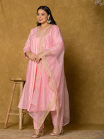 Thumbnail for Yufta Pink Silk Embroidered Plus Size Kurta Dupatta Set